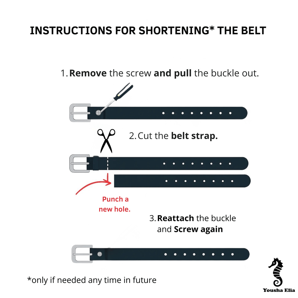 Instructions for shortening a belt with illustrations and text on a white background.