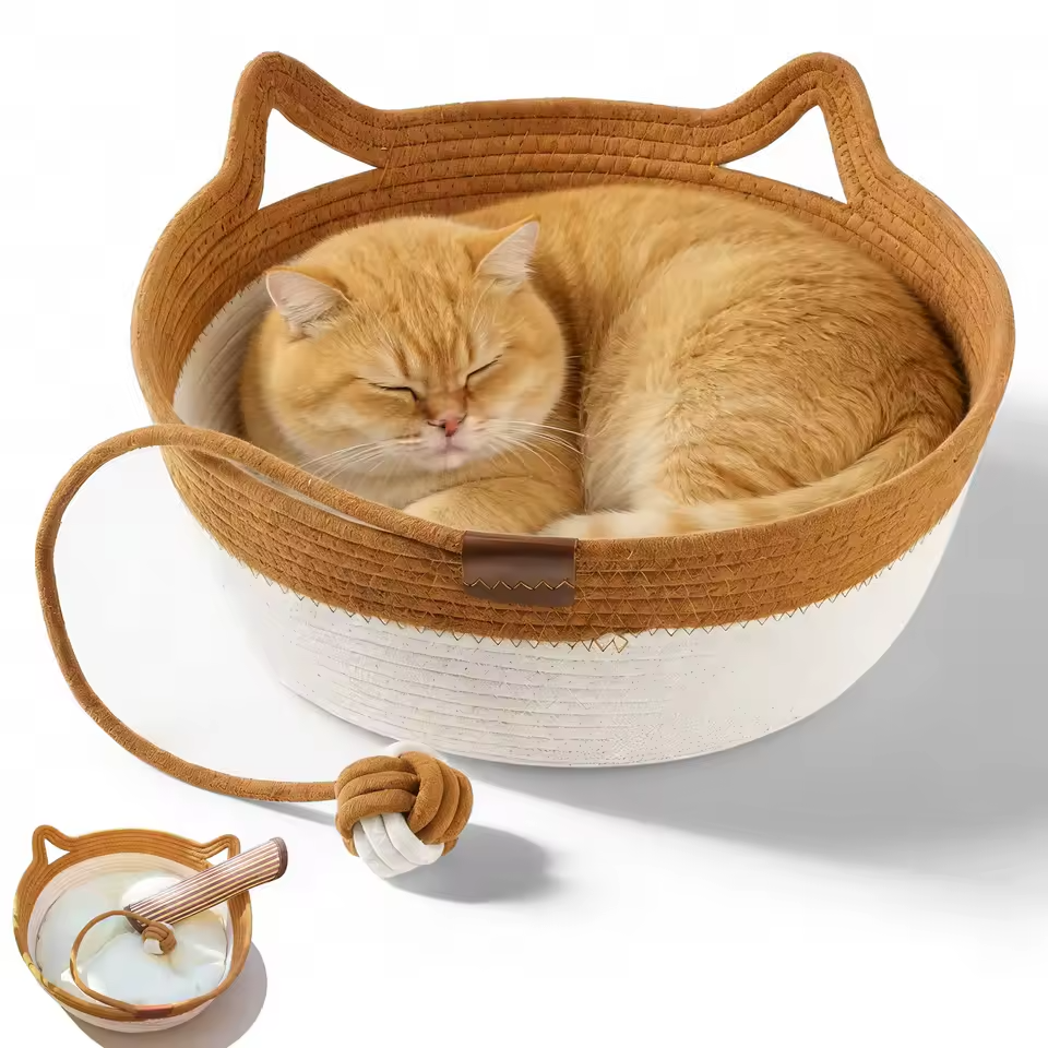 Handgewebtes Katzenbett Baumwollseilkorb mit Kissen Katzenhöhle Kratzbett
