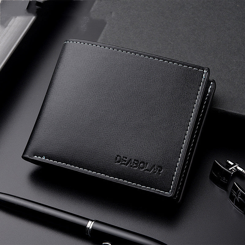 Deabolar black slim PU leather bifold wallet for men shown closed dark Background
