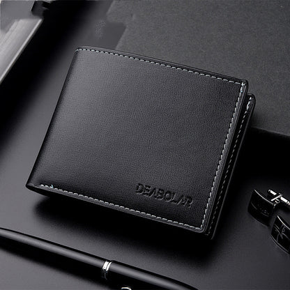 Deabolar black slim PU leather bifold wallet for men shown closed dark Background