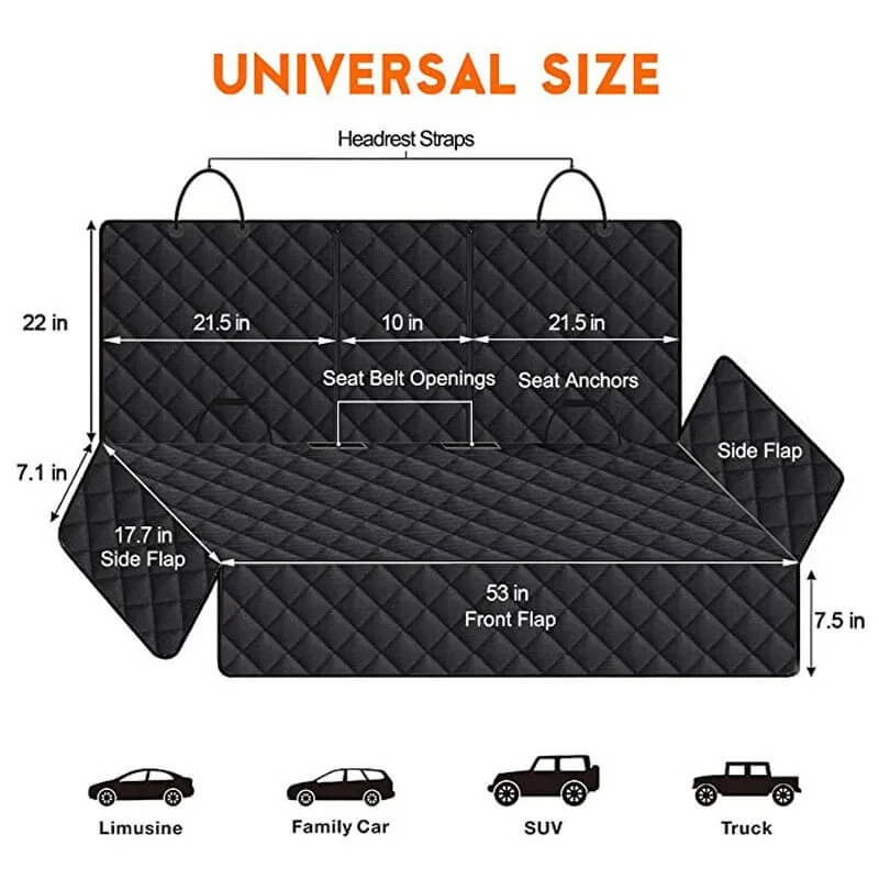 Dog car seat cover hammock with size diagram and measurements