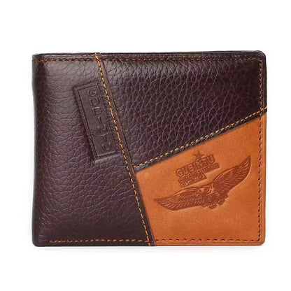 Brown and tan genuine leather men's wallet with eagle design on front panel.