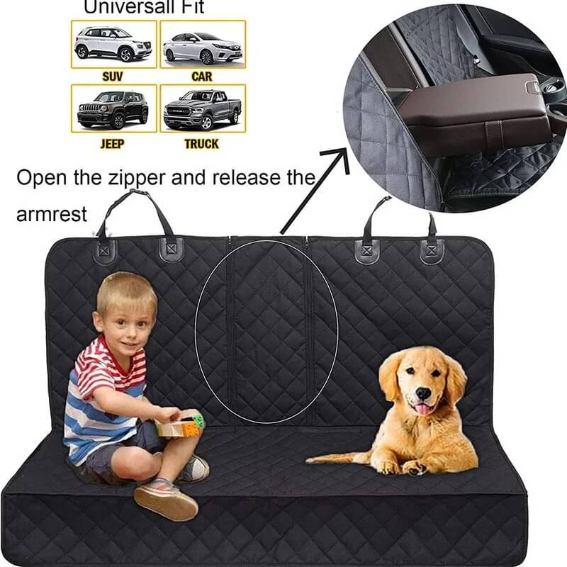 Black quilted rear seat cover installed across a vehicle back seat