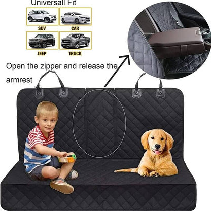 Black quilted rear seat cover installed across a vehicle back seat