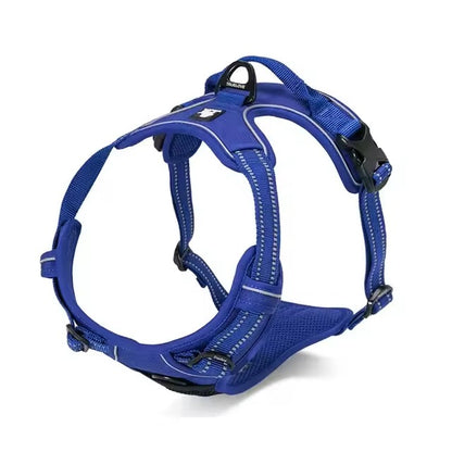 Blue adjustable dog harness with reflective straps, padded chest panel, top control handle, and rear leash attachment ring.
