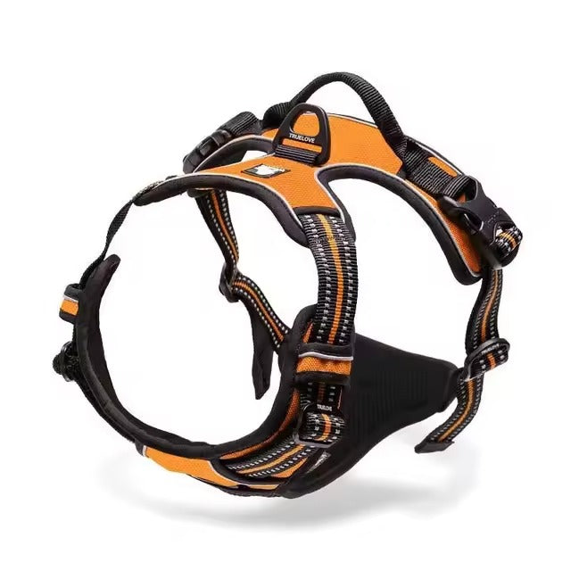 Orange adjustable dog harness with reflective straps, padded chest panel, top control handle, and rear leash attachment ring.
