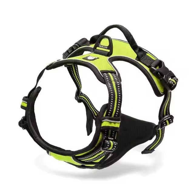 Yellow adjustable dog harness with reflective straps, padded chest panel, top control handle, and rear leash attachment ring.