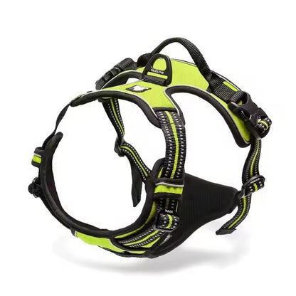Yellow adjustable dog harness with reflective straps, padded chest panel, top control handle, and rear leash attachment ring.
