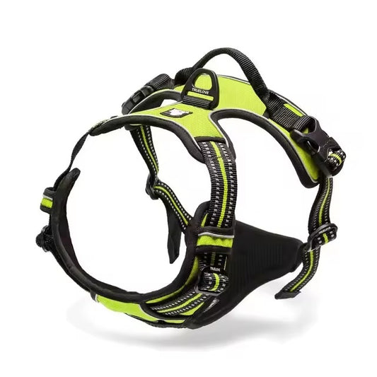 Yellow adjustable dog harness with reflective straps, padded chest panel, top control handle, and rear leash attachment ring.