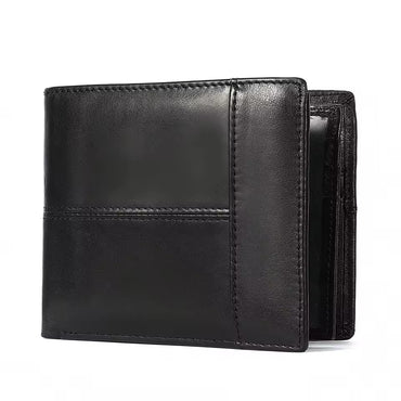 Black genuine leather RFID wallet for men shown from multiple angles.