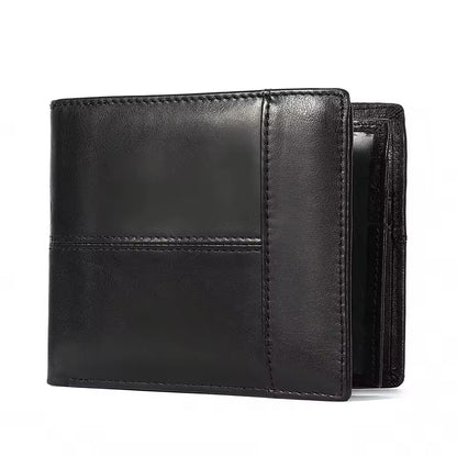 Black genuine leather RFID wallet for men shown from multiple angles.