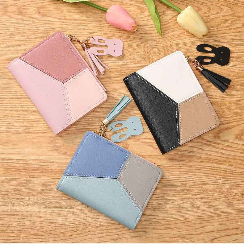 Women's patchwork zip wallet short available in pink, black, and blue