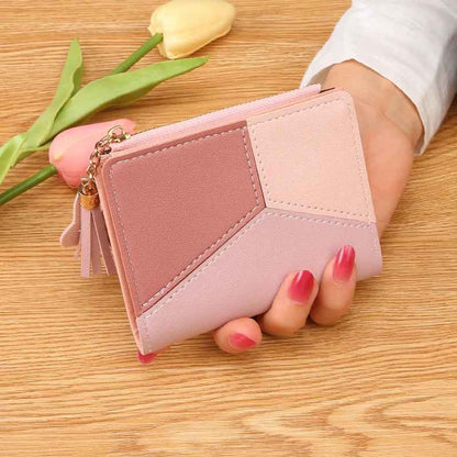 Pink women's patchwork zip wallet with tassel zipper pull small